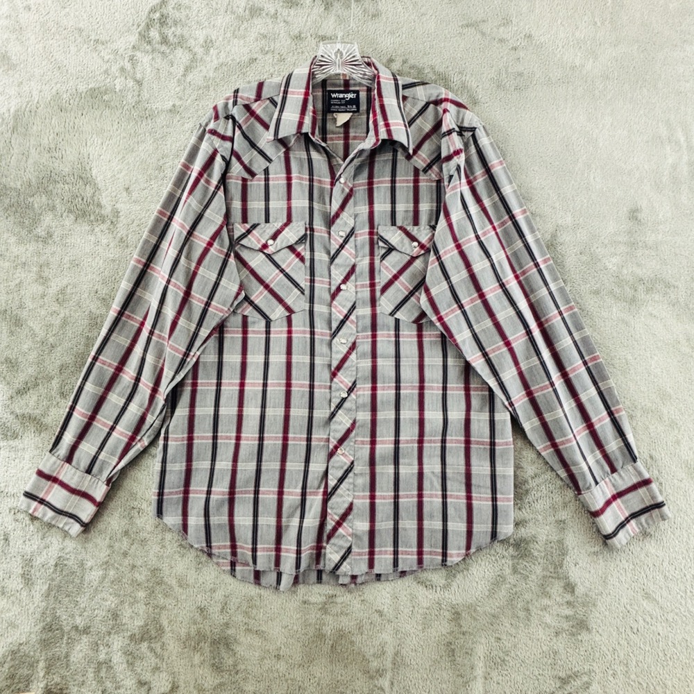Wrangler Cowboy Cut Western‎ Pearl Snap Shirt 16.5-36 XL Grey Plaid Regular Fit